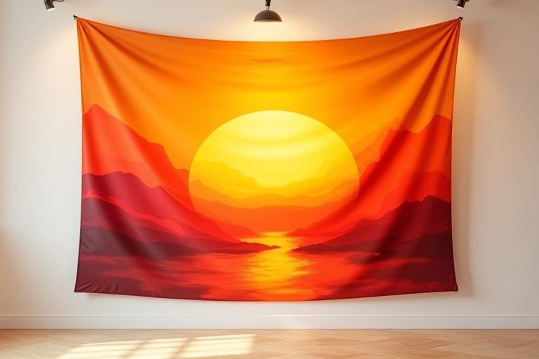 Großer Wandteppich mit einem abstrakten Sonnenaufgangsmotiv in warmen Orange- und Rottönen.