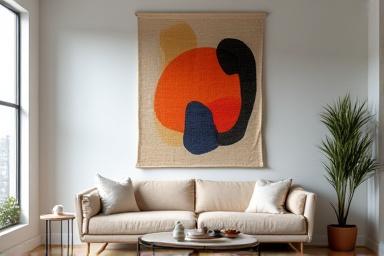 Ein moderner, abstrakter Wandteppich hängt in einem stilvollen Raum.